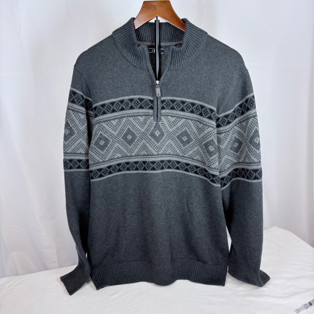 IZOD Mens Grey Fair Isle Quarter Zip Cotton Blend Sweater XXL Preppy Collegiate